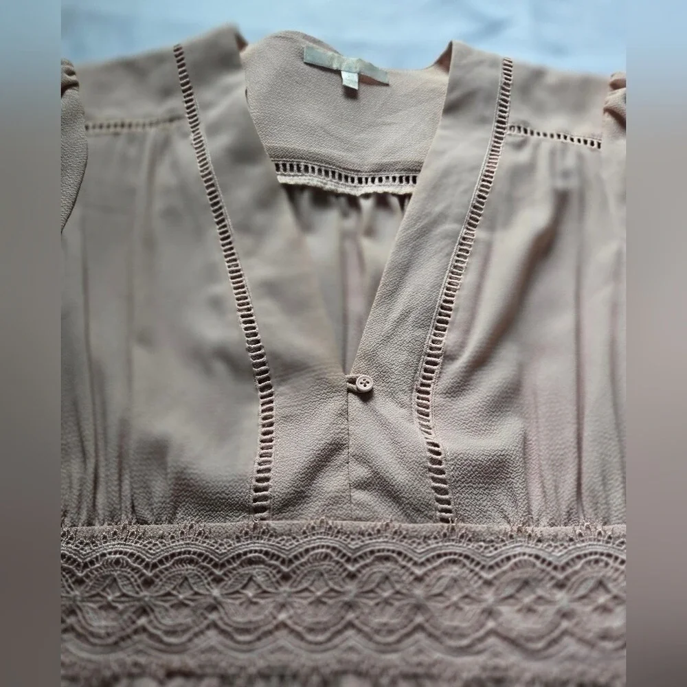 WAYF‎ Womens Blush Pink Lace Trim V-Neck Long Sleeve Mini Dress XS